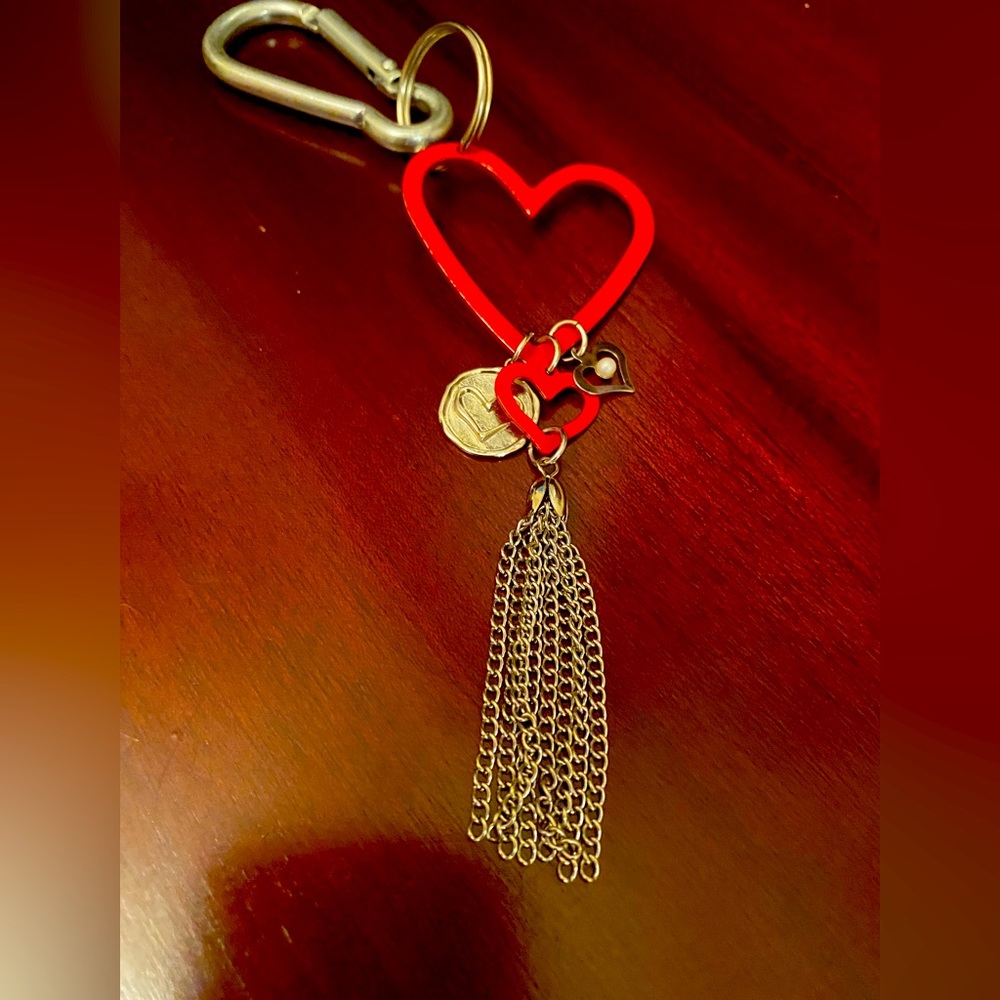 Keychain - Bag Charm. Red Heart with three additional lucky charms attached